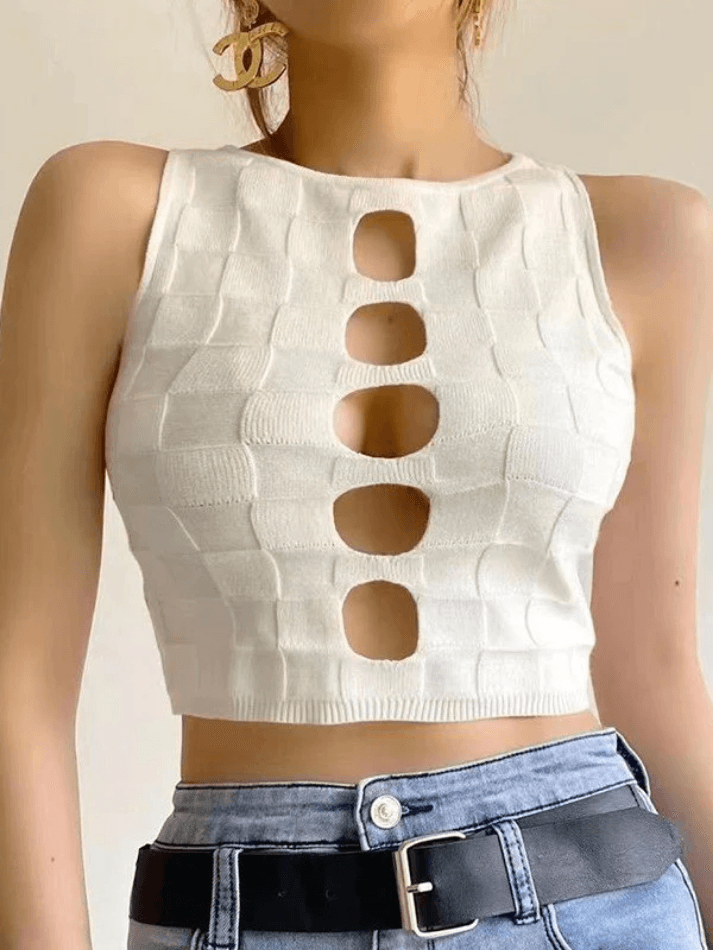 Cutout Checkered Knit Cropped Tank Top-Tops&Tees-MAUV STUDIO-STREETWEAR-Y2K-CLOTHING