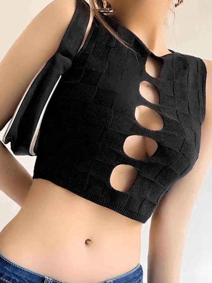 Cutout Checkered Knit Cropped Tank Top-Tops&Tees-MAUV STUDIO-STREETWEAR-Y2K-CLOTHING