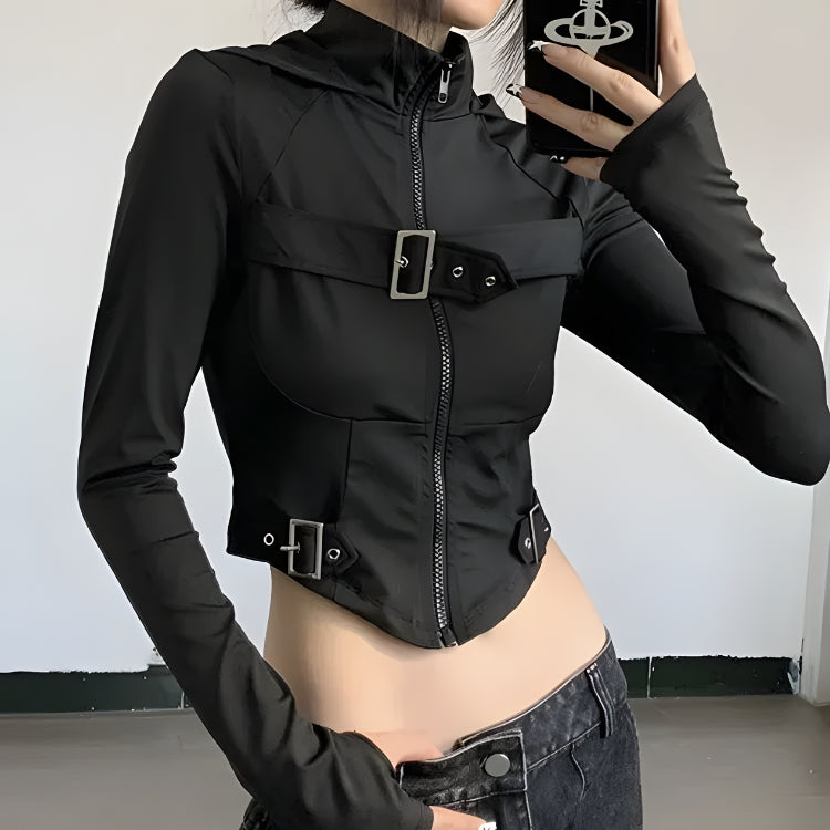 Cyberpunk Belted Zip-Up Crop Jacket-MAUV STUDIO