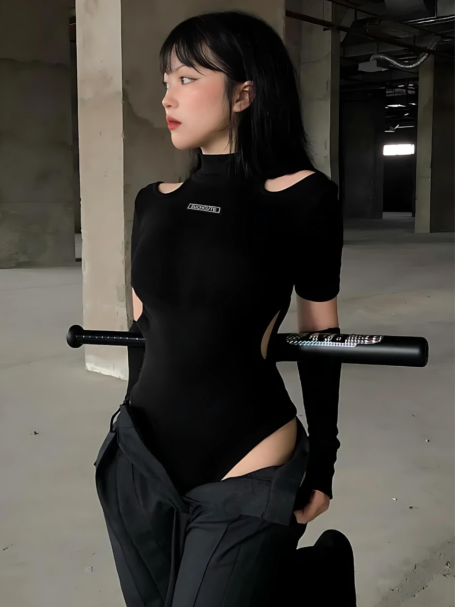 Cyberpunk Cut Out Corduroy Bodysuit-Black-S-Mauv Studio