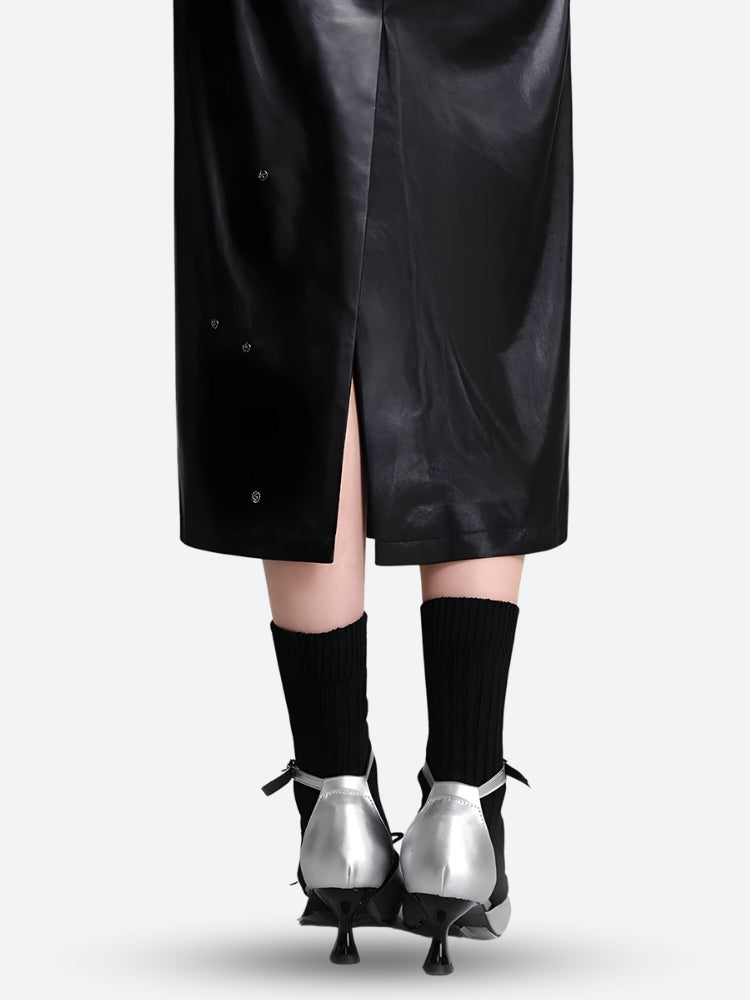Cyberpunk Faux Leather Midi Dress view 6 | MAUVSTUDIO®