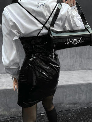 Cyberpunk Faux Patent Leather Mini Dress view 2 | MAUVSTUDIO®