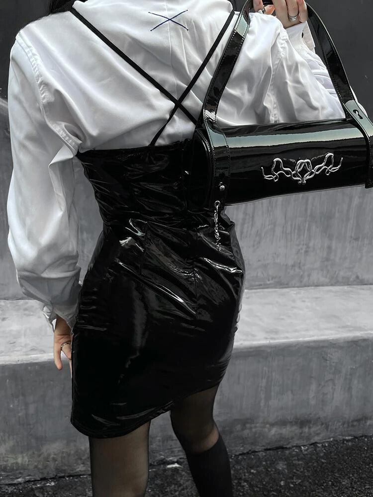 Cyberpunk Faux Patent Leather Mini Dress view 2 | MAUVSTUDIO®