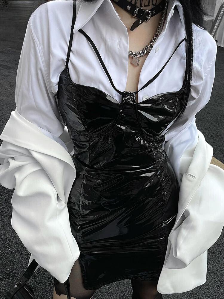 Cyberpunk Faux Patent Leather Mini Dress view 8 | MAUVSTUDIO®