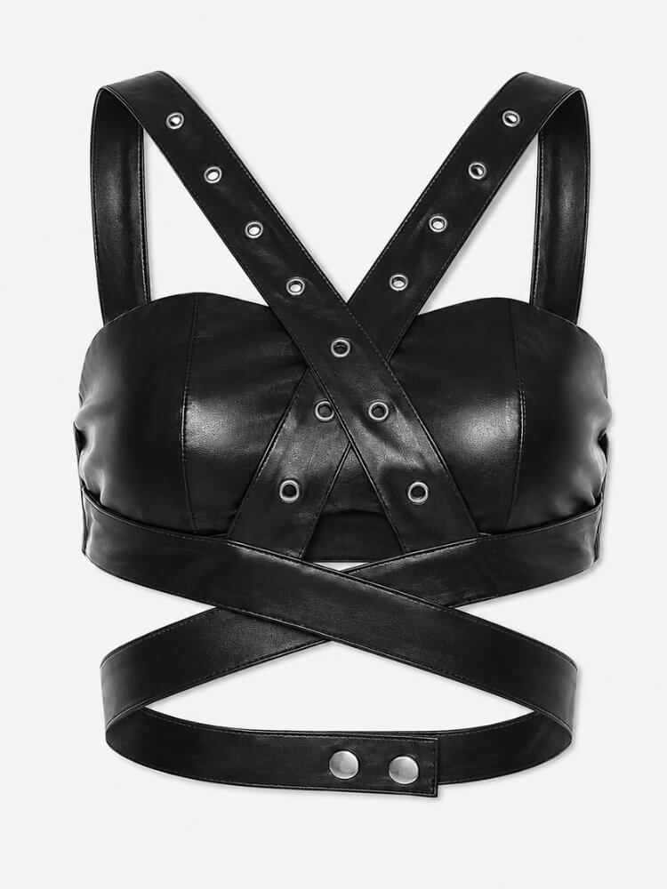 Cyberpunk Harness Crop Top with tie detail, Y2K corset styled with low rise bottoms