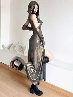 Cyberpunk Metallic Hooded Midi Dress view 4 | MAUVSTUDIO®