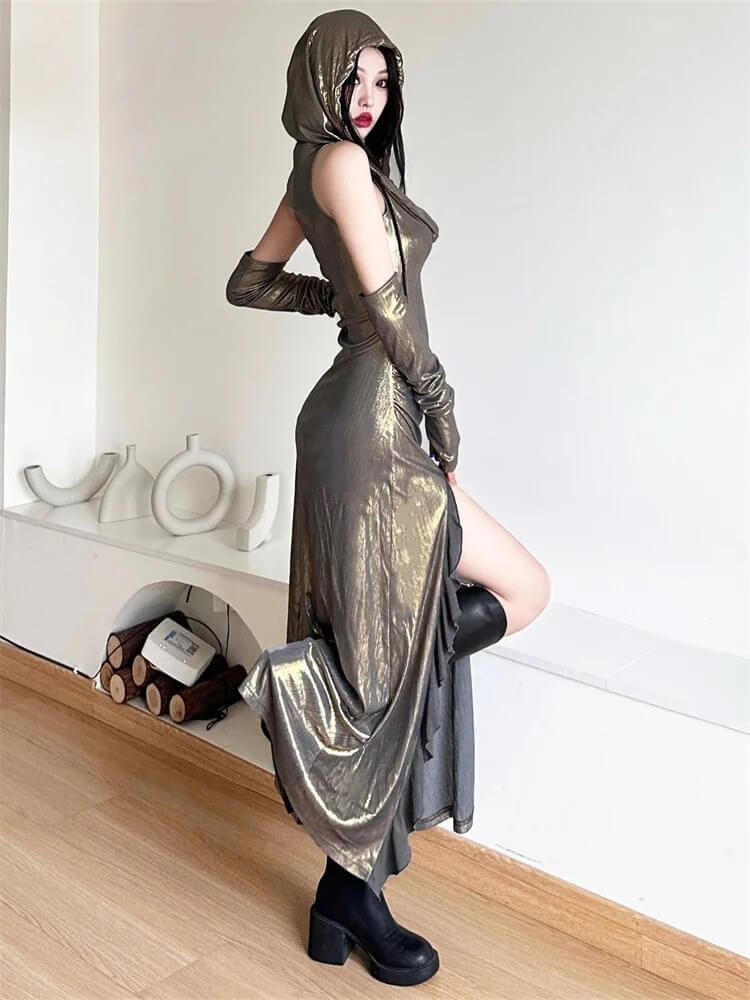 Cyberpunk Metallic Hooded Midi Dress view 4 | MAUVSTUDIO®