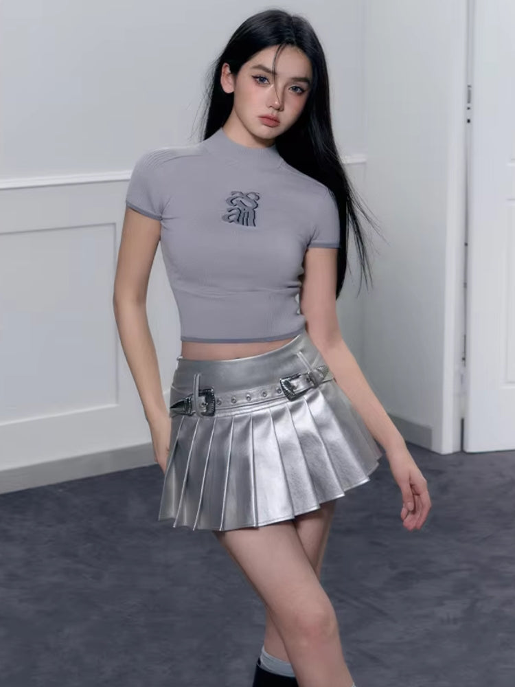 Cyberpunk Metallic Mini Skirt, Y2K mini skirt styled with a crop top