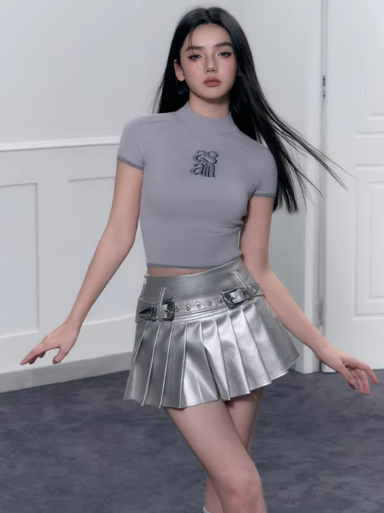 Cyberpunk Metallic Mini Skirt, Y2K mini skirt styled with a crop top