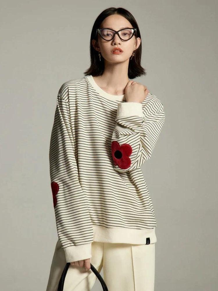 Daisy Embroidered Striped Sweatshirt-Beige-S-Mauv Studio