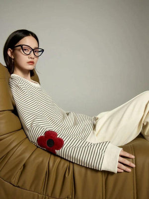 Daisy Embroidered Striped Sweatshirt-Mauv Studio