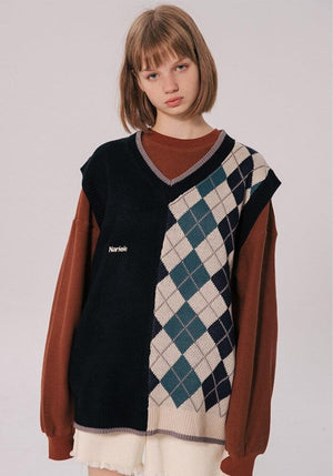 Dark Academia Half Argyle Sweater Vest-Black-M-Mauv Studio