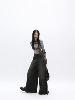 Dark Wash Distressed Wide Leg Jeans-MAUV STUDIO