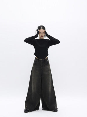 Dark Wash Distressed Wide Leg Jeans-MAUV STUDIO