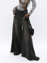 Dark Wash Distressed Wide Leg Jeans-Black-S-MAUV STUDIO