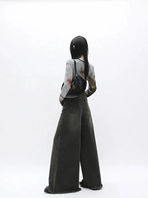 Dark Wash Distressed Wide Leg Jeans-MAUV STUDIO