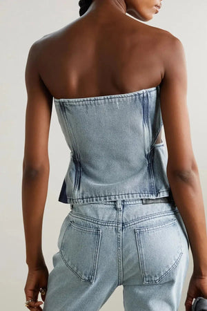 Denim Cut Out Tube Top & Patch Jeans Two Piece Set-MAUV STUDIO