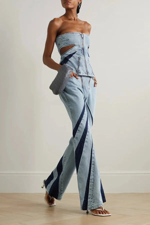 Denim Cut Out Tube Top & Patch Jeans Two Piece Set-MAUV STUDIO