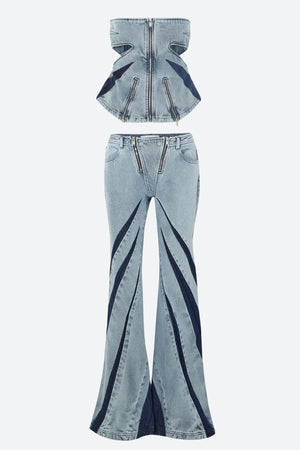 Denim Cut Out Tube Top & Patch Jeans Two Piece Set-Blue-SET- Cut Out Tube Top & Patch Jeans-S-MAUV STUDIO