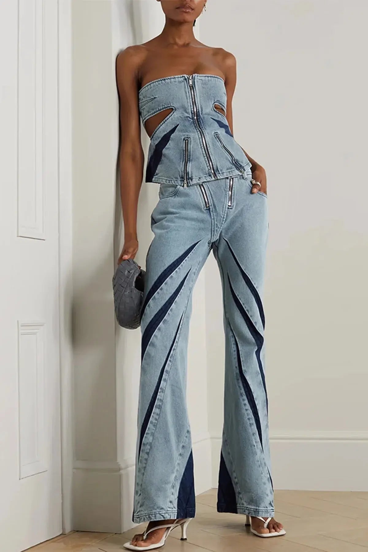 Denim Cut Out Tube Top & Patch Jeans Two Piece Set-MAUV STUDIO