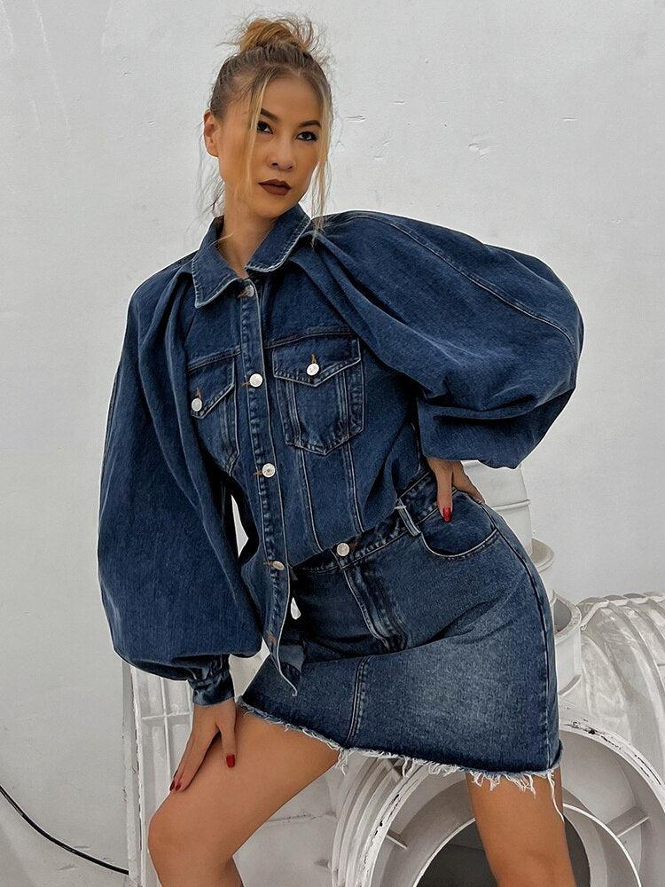 Denim Jacket & Skirt Two Piece Set Blue / M