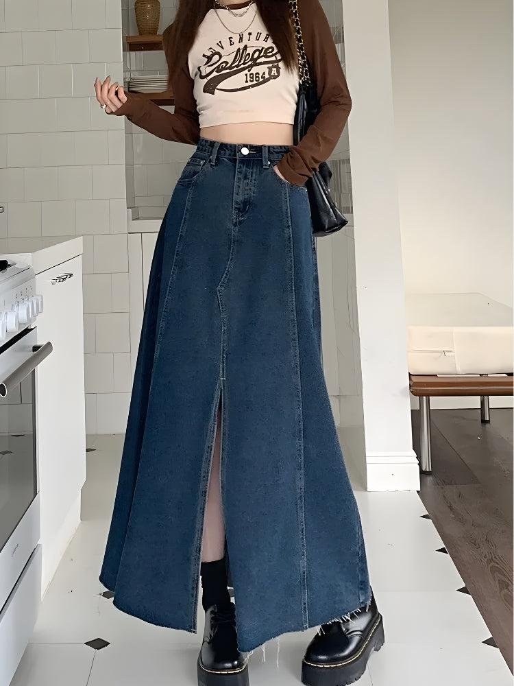 Denim Slit Frayed Hem Maxi Skirt-Mauv Studio