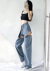 Detachable Straight Leg Jeans-Blue-S-MAUV STUDIO