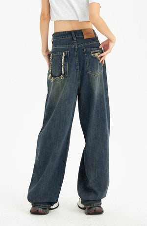 Distressed Pockets Wide Leg Baggy Jeans-MAUV STUDIO