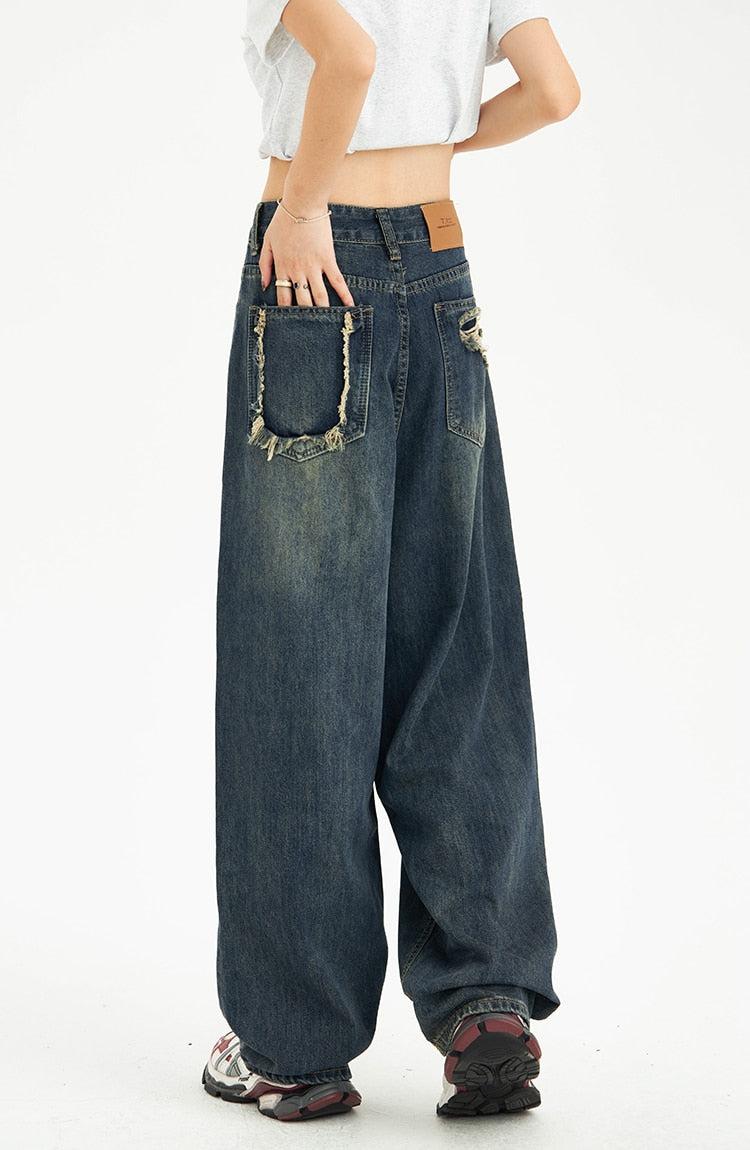 Distressed Pockets Wide Leg Baggy Jeans-MAUV STUDIO