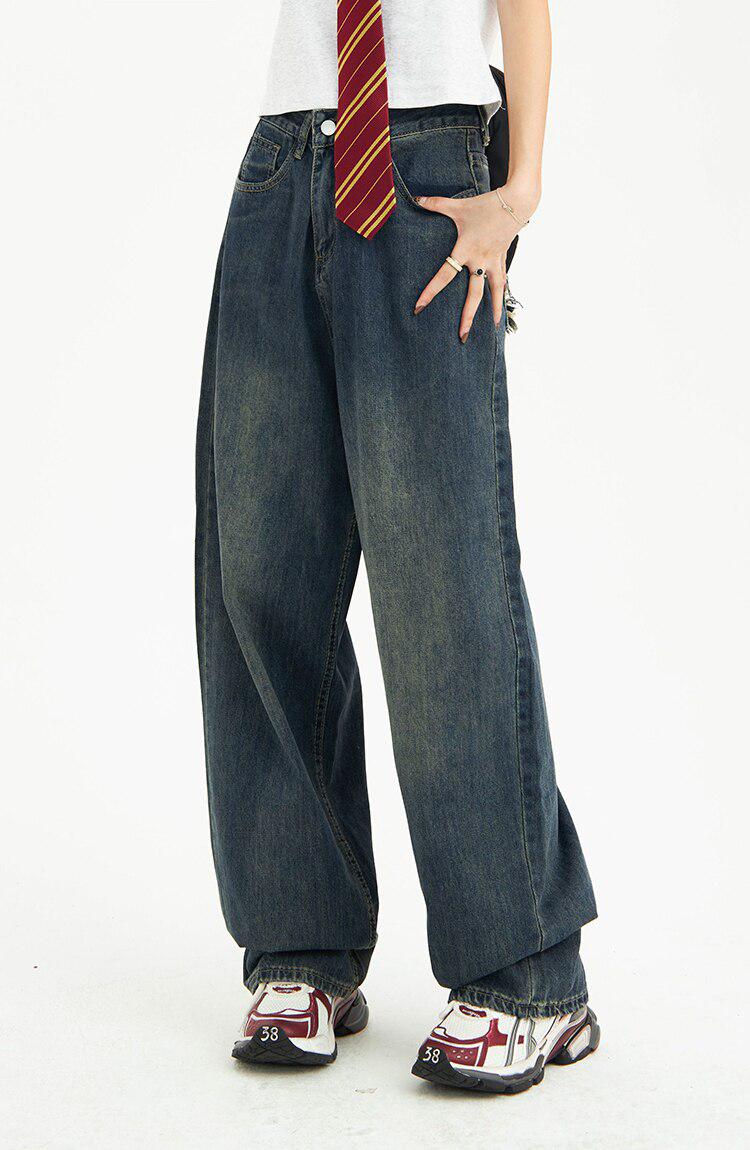 Distressed Pockets Wide Leg Baggy Jeans-MAUV STUDIO