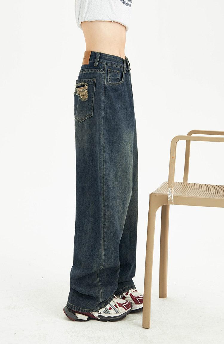 Distressed Pockets Wide Leg Baggy Jeans-MAUV STUDIO