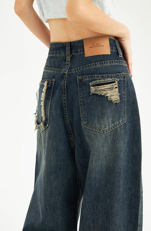 Distressed Pockets Wide Leg Baggy Jeans-MAUV STUDIO