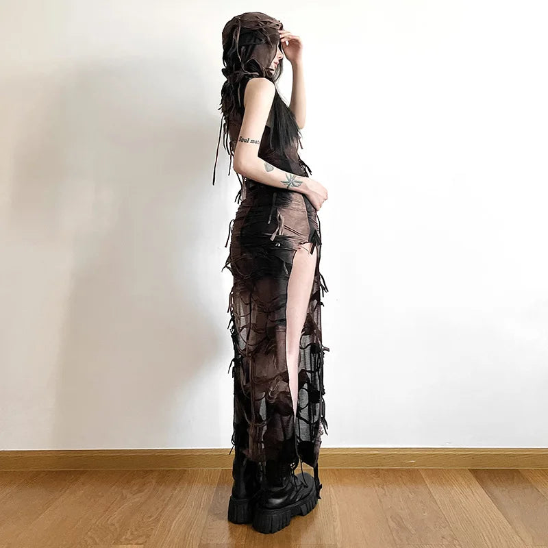 Distressed Sheer Maxi Dress view 2 | MAUVSTUDIO®