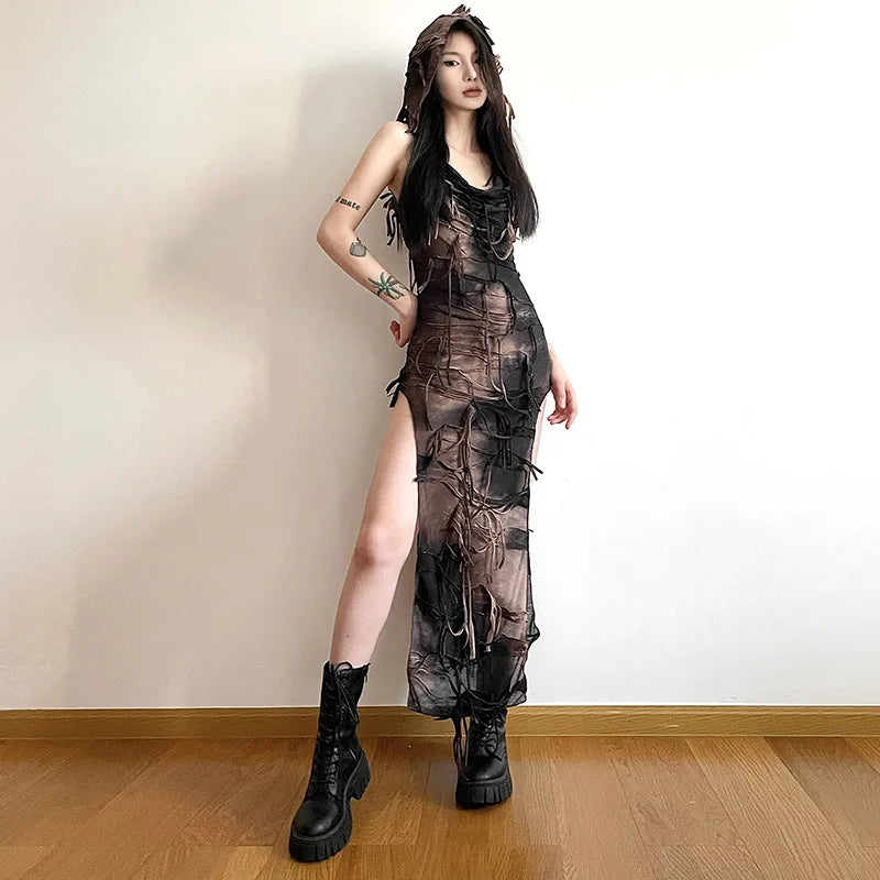 Distressed Sheer Maxi Dress view 3 | MAUVSTUDIO®