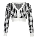 Dogtooth Check Crop Cardigan-Cardigan-MAUV STUDIO-STREETWEAR-Y2K-CLOTHING