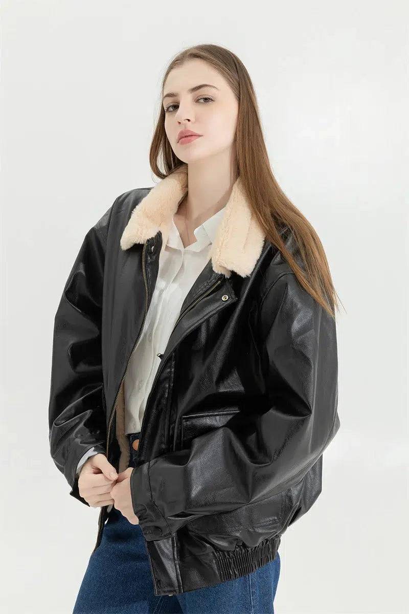 Double-Faced Faux Leather & Fur Jacket-MAUV STUDIO