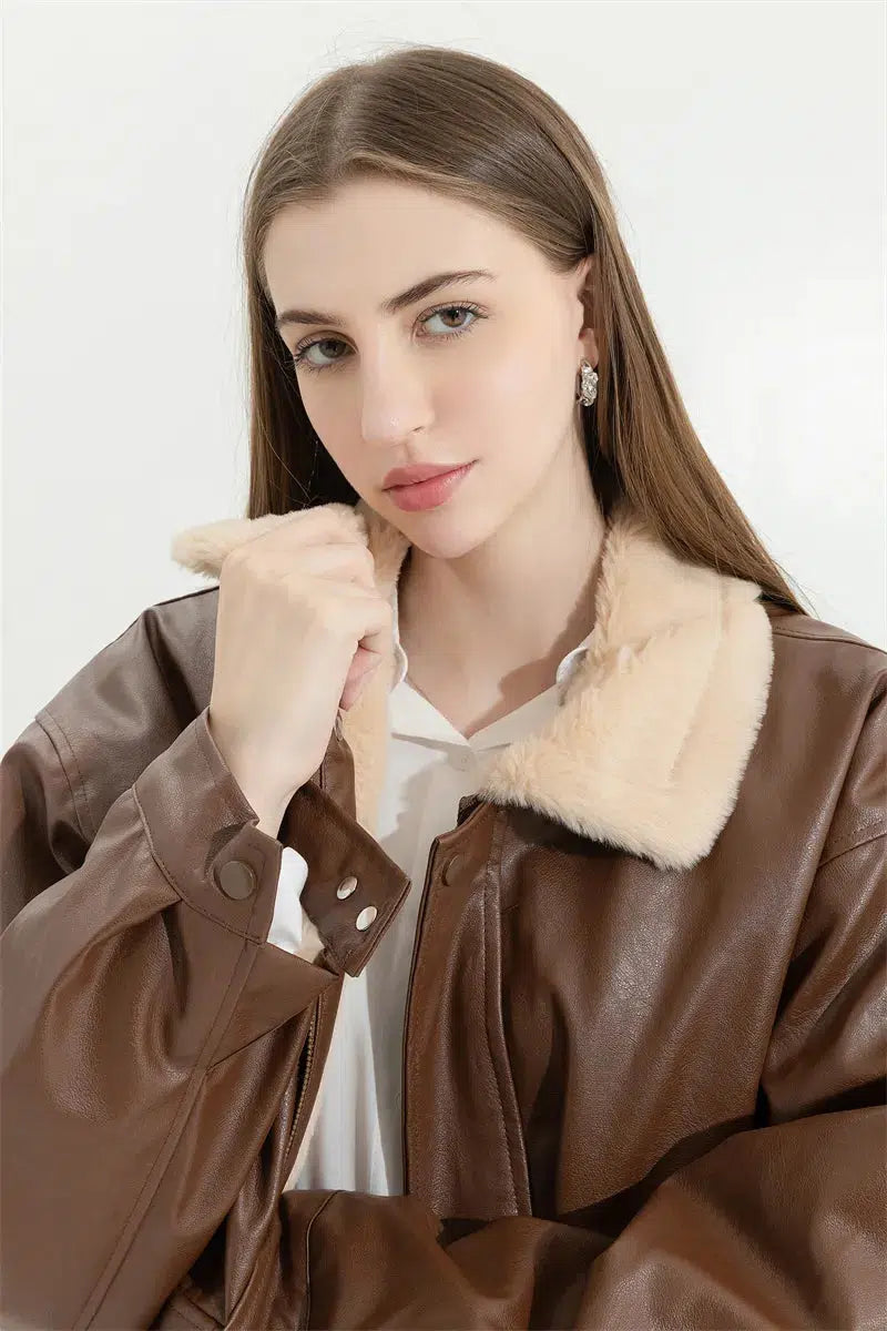 Double-Faced Faux Leather & Fur Jacket-MAUV STUDIO