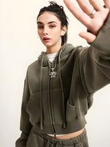 Double Zip-Up Cropped Hoodie-Army Green-S-Mauv Studio