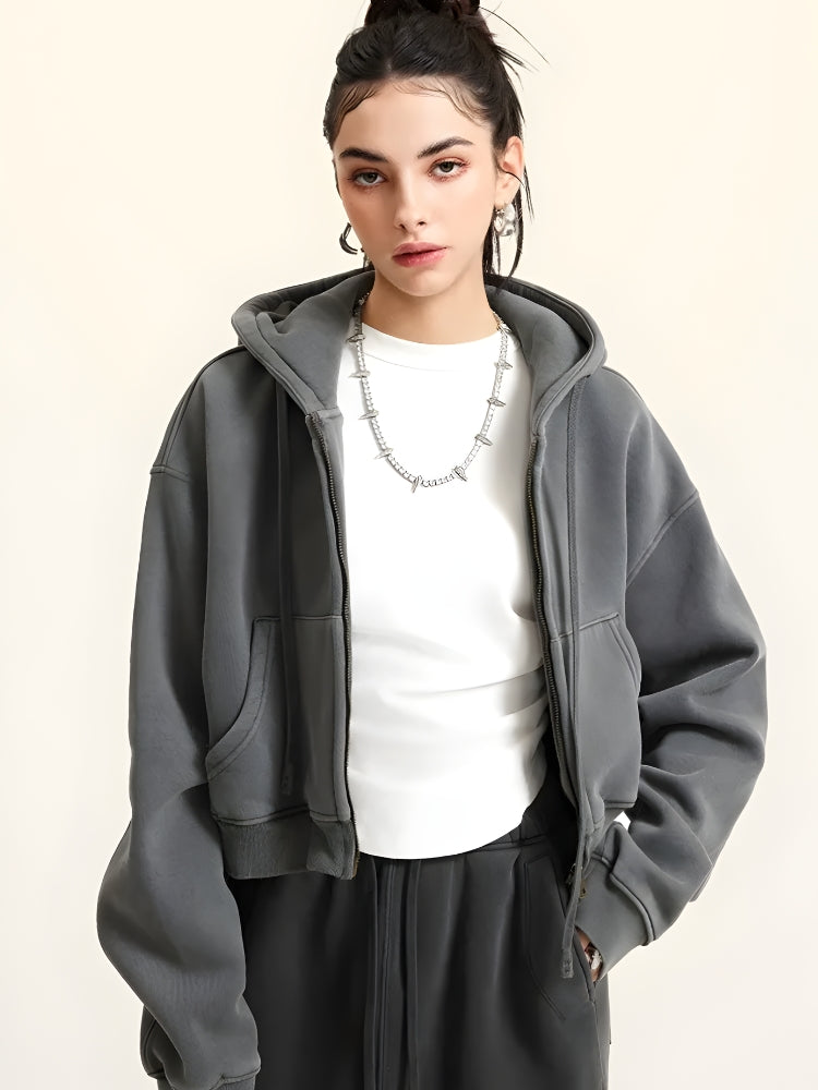 Double Zip-Up Cropped Hoodie-Gray-S-Mauv Studio