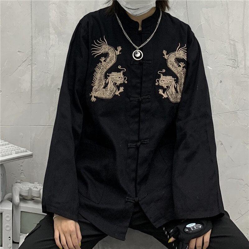 Dragon Embroidery Mandarin Collar Shirt-MAUV STUDIO
