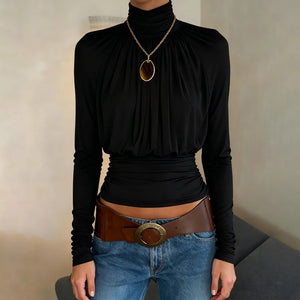 Draped Turtleneck Top with fitted cut, Y2K long sleeve top styled with low rise bottoms