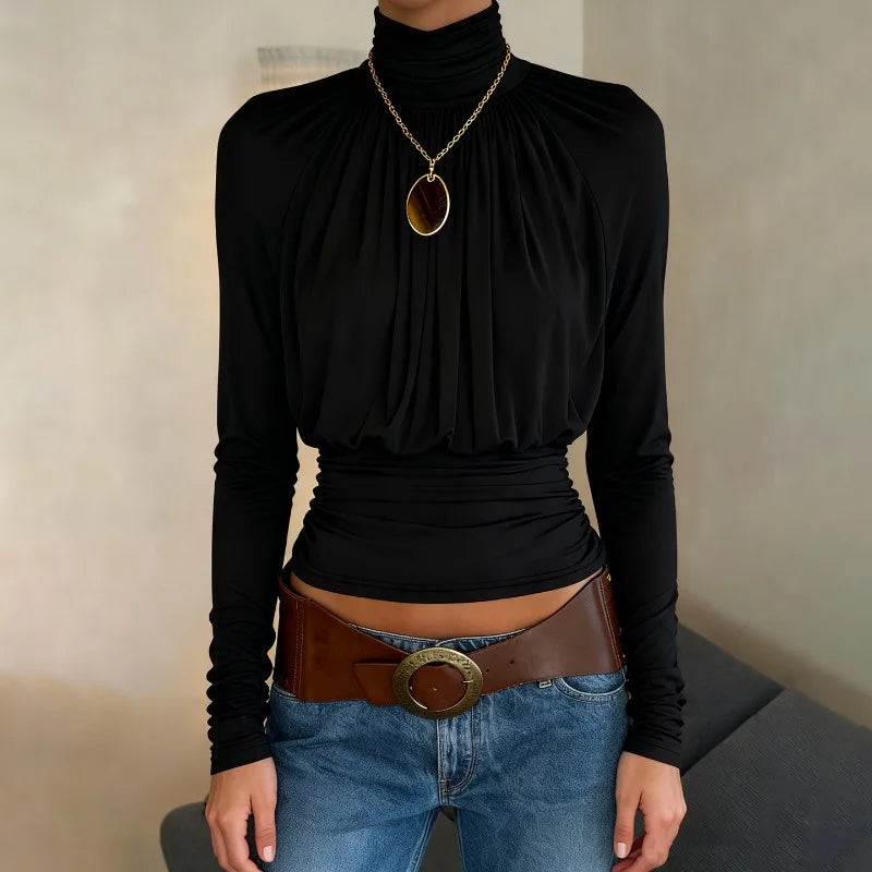 Draped Turtleneck Top with fitted cut, Y2K long sleeve top styled with low rise bottoms