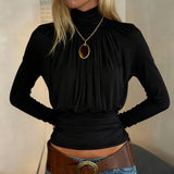 Draped Turtleneck Top with fitted cut, Y2K long sleeve top styled with low rise bottoms