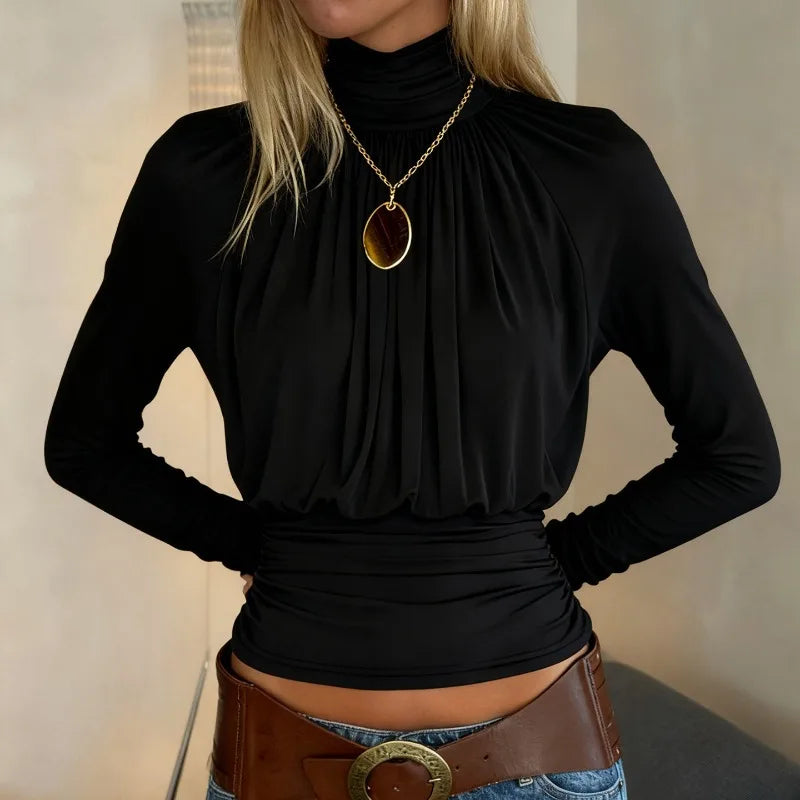 Draped Turtleneck Top with fitted cut, Y2K long sleeve top styled with low rise bottoms