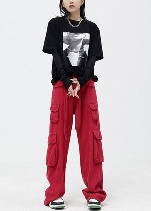 Drawstring Belt Cargo Pants-Red-S-Mauv Studio