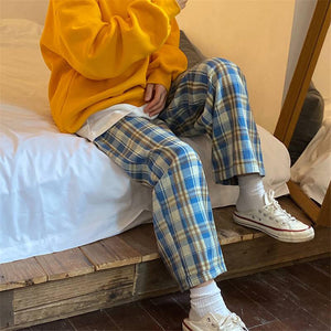 Elasticated Waist Checkered Sweatpants-Blue-S-Mauv Studio