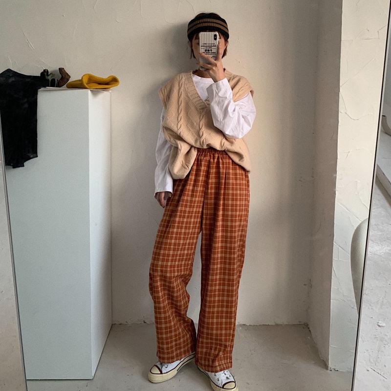 Elasticated Waist Checkered Sweatpants-Orange-S-Mauv Studio