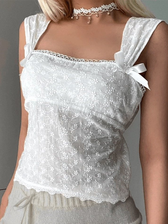 Embroidered Bow Lace Stitching Tank Top-Tank Tops-MAUV STUDIO-STREETWEAR-Y2K-CLOTHING