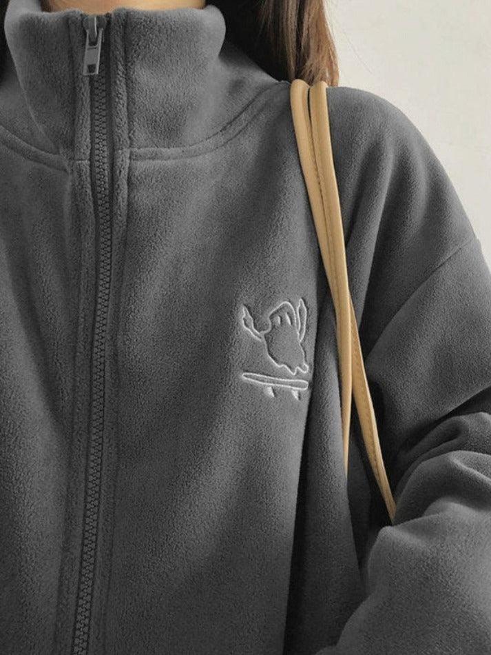 Embroidery Zip Up Fleece Jacket-Jackets-MAUV STUDIO-STREETWEAR-Y2K-CLOTHING