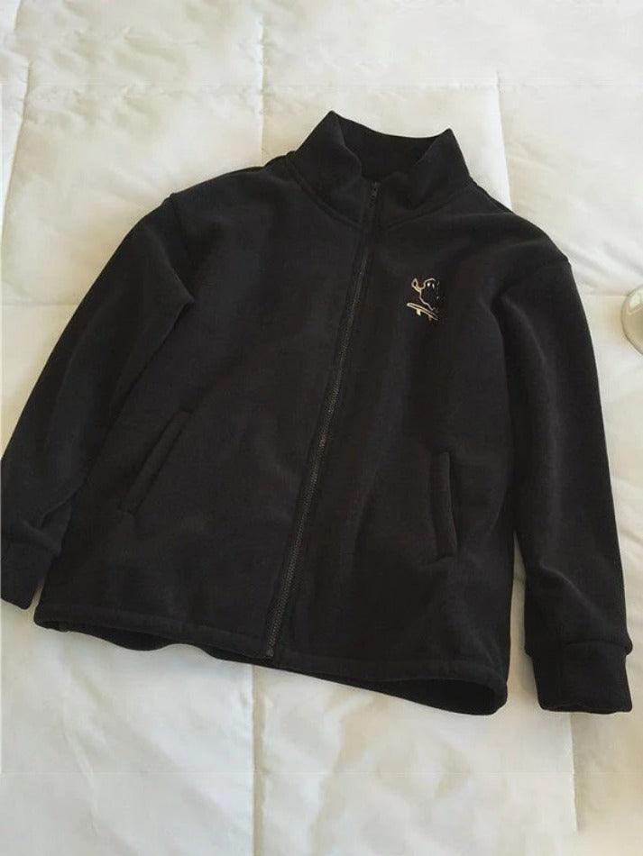 Embroidery Zip Up Fleece Jacket-Jackets-MAUV STUDIO-STREETWEAR-Y2K-CLOTHING